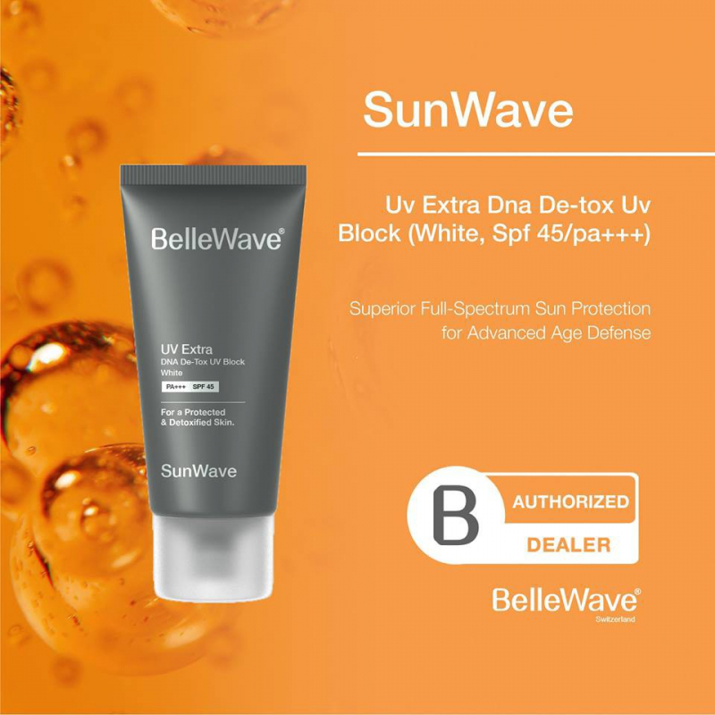 Kem chống nắng vật lý làm trắng và bảo vệ da hoàn hảo Bellewave uv extra dna de-tox uv block white spf 45 pa +++