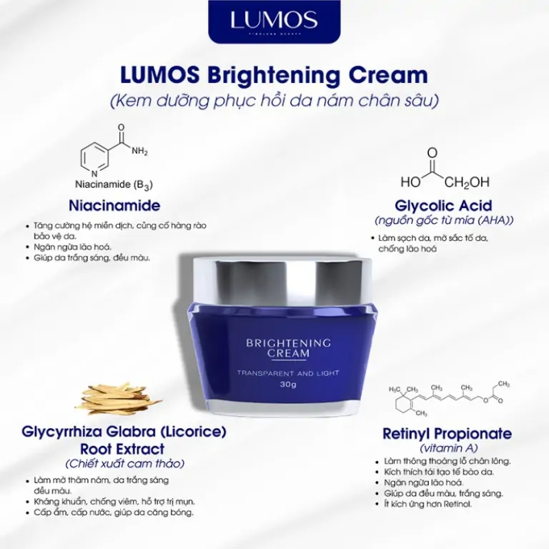 Lumos brightening cream - kem dưỡng phục hồi da nám chân sâu